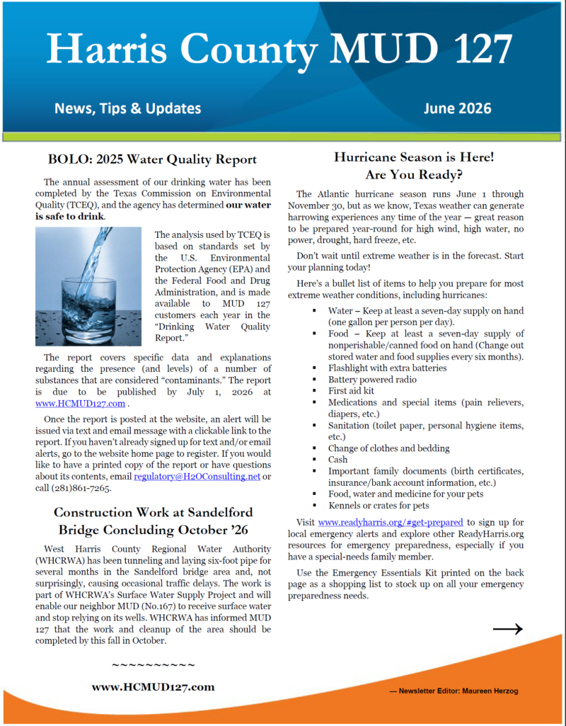 Utility Newsletter Examples June 2026 Newsletter – Harris County Municipal Utility District 127